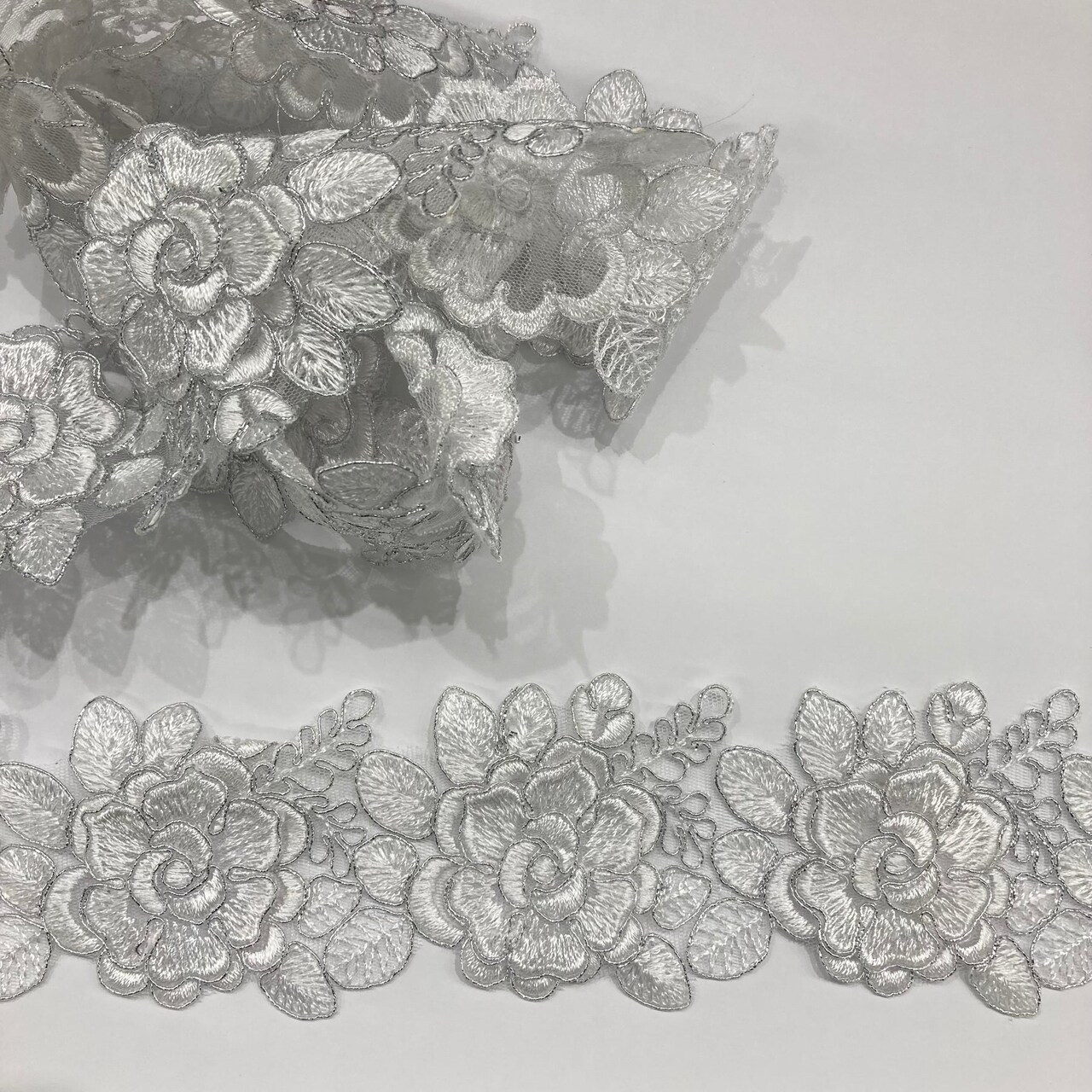 1 Yard 3D Floral Embroidered Lace Trim 3" Wide 100% Polyester Net Mesh for Bridal & Special Occasion